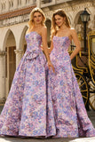 Vestido largo de graduación de brocado de satén jacquard lila sin tirantes en línea A con lazo