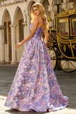 Vestido largo de graduación de brocado de satén jacquard lila sin tirantes en línea A con lazo