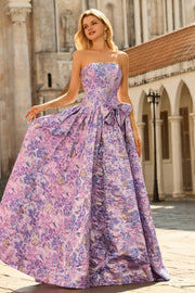 Vestido largo de graduación de brocado de satén jacquard lila sin tirantes en línea A con lazo