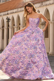 Corsé Jacquard A-Line sin tirantes lila Brocado largo vestido de graduación