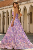 Corsé Jacquard A-Line sin tirantes lila Brocado largo vestido de graduación