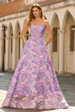 Corsé Jacquard A-Line sin tirantes lila Brocado largo vestido de graduación