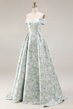 Vestido largo de baile de satén azul blanco con estampado en A-line y hombro descubierto