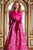 Fucsia A Line Satén Floral Vestido largo de la madre de la novia con mangas