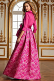 Fucsia A Line Satén Floral Vestido largo de la madre de la novia con mangas