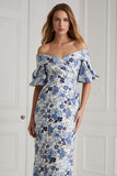 Flor azul descubierto de hombros Manga corta Funda larga Vestido de madre de la novia