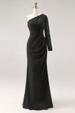 Vestido negro de talla grande sirena de un solo hombro para la madre de la novia con encaje