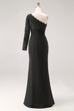 Vestido negro de talla grande sirena de un solo hombro para la madre de la novia con encaje