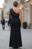 Vestido negro de talla grande sirena de un solo hombro para la madre de la novia con encaje