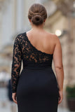 Vestido negro de talla grande sirena de un solo hombro para la madre de la novia con encaje