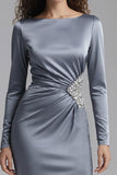 Vestido formal de manga larga de funda azul polvoriento con pedrería