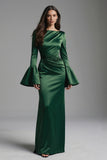Vestido formal largo de satén de satén verde oscuro con escote de bateau