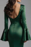 Vestido formal largo de satén de satén verde oscuro con escote de bateau
