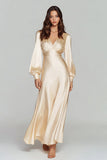 Vestido formal largo de satén champán Línea A
