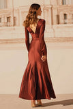 Vestido formal largo de sirena de satén burdeos con escote en V