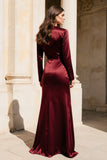 Vestido formal de satén burdeos con escote en V y manga larga