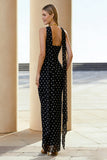 Vestido largo descapotable de chiffon negro blanco con tirantes, puntas blancas y tirantes,