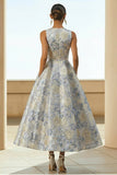 Vestido largo Jacquard floral azul polvoriento con bolsillos