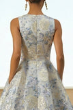 Vestido largo Jacquard floral azul polvoriento con bolsillos