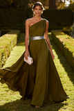 Vestido Maxi de Achiffon de Línea Oliva de un solo hombro
