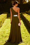 Vestido Maxi de Achiffon de Línea Oliva de un solo hombro
