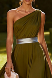 Vestido Maxi de Achiffon de Línea Oliva de un solo hombro