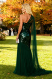 Vestido formal largo de lentejuelas verde oscuro de un hombro brillante