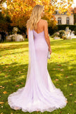 Vestido formal largo de sirena de arrugas morado claro con capa lateral