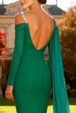 Vestido formal largo asimétrico de sirena verde brillante con serpentina lateral