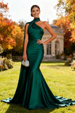 Vestido formal largo de sirena de cuello verde verde oscuro de un hombro