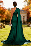 Vestido formal largo de sirena de cuello verde verde oscuro de un hombro
