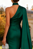 Vestido formal largo de sirena de cuello verde verde oscuro de un hombro