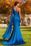 Vestido formal de sirena largo de un hombro azul real con serpentina lateral