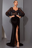 Corsé de sirena de encaje negro Vestido largo de noche con abertura