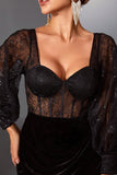 Corsé de sirena de encaje negro Vestido largo de noche con abertura