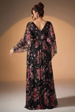Vestido de Madre de la Novia de manga larga de manga larga en Negro Rosa Floral A