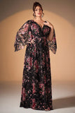 Vestido de Madre de la Novia de manga larga de manga larga en Negro Rosa Floral A