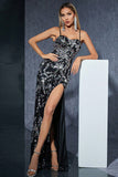 Vestido largo de noche Strpas de espagueti plateado y negro brillante con abertura