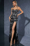 Vestido largo de noche Strpas de espagueti plateado y negro brillante con abertura