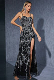 Vestido largo de noche Strpas de espagueti plateado y negro brillante con abertura