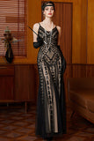 Vestido largo de los años 20 con tirantes finos de albaricoque negro brillante y lentejuelas