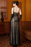 Vestido largo de los años 20 con tirantes finos de albaricoque negro brillante y lentejuelas