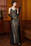 Vestido largo de los años 20 con tirantes finos de albaricoque negro brillante y lentejuelas