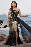 Vestido de noche largo de sirena dorado de un hombro con abertura y sabrky Black