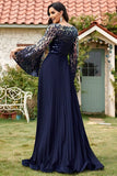 Vestido largo de madre de la novia con cuello en V de lentejuelas azul marino