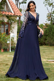 Vestido largo de madre de la novia con cuello en V de lentejuelas azul marino
