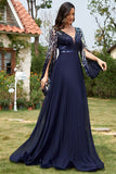 Vestido largo de madre de la novia con cuello en V de lentejuelas azul marino