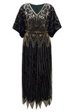 Vestido largo largo de los años 20 con lentejuelas negras con cuentas doradas y brillante