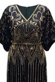 Vestido largo largo de los años 20 con lentejuelas negras con cuentas doradas y brillante