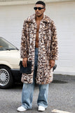 Pelaje sintético de leopardo marrón abierto delantero Abrigo largo de hombre